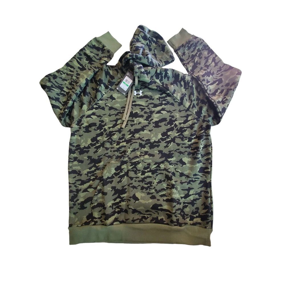 NEW Men's Under Armour Rival Fleece Camo Hoodie 1382690 Marine Green Size Large